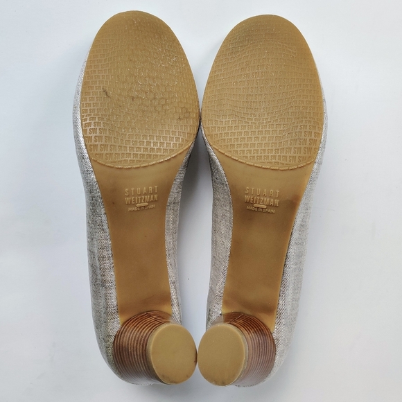 STUART WEITZMAN Coated Linen Pumps 10M Round Stacked Wooden Heel 2.5" Women's - Picture 8 of 14